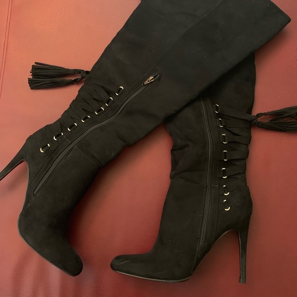 Shoes - High Heel Over The Knee Suede Black Boots